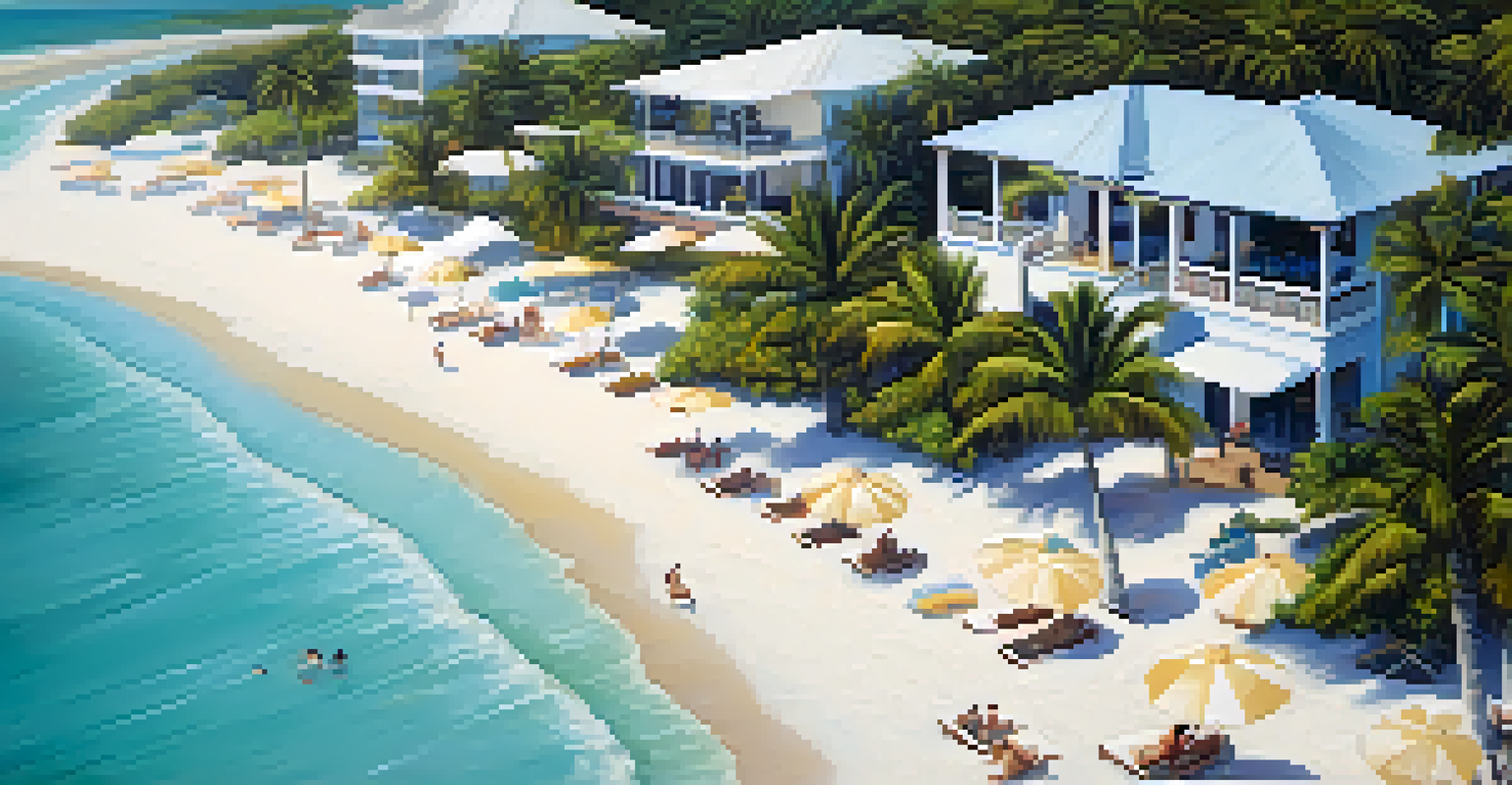 An aerial view of Punta Sal beach with resorts, white sands, and people enjoying the calm waters.