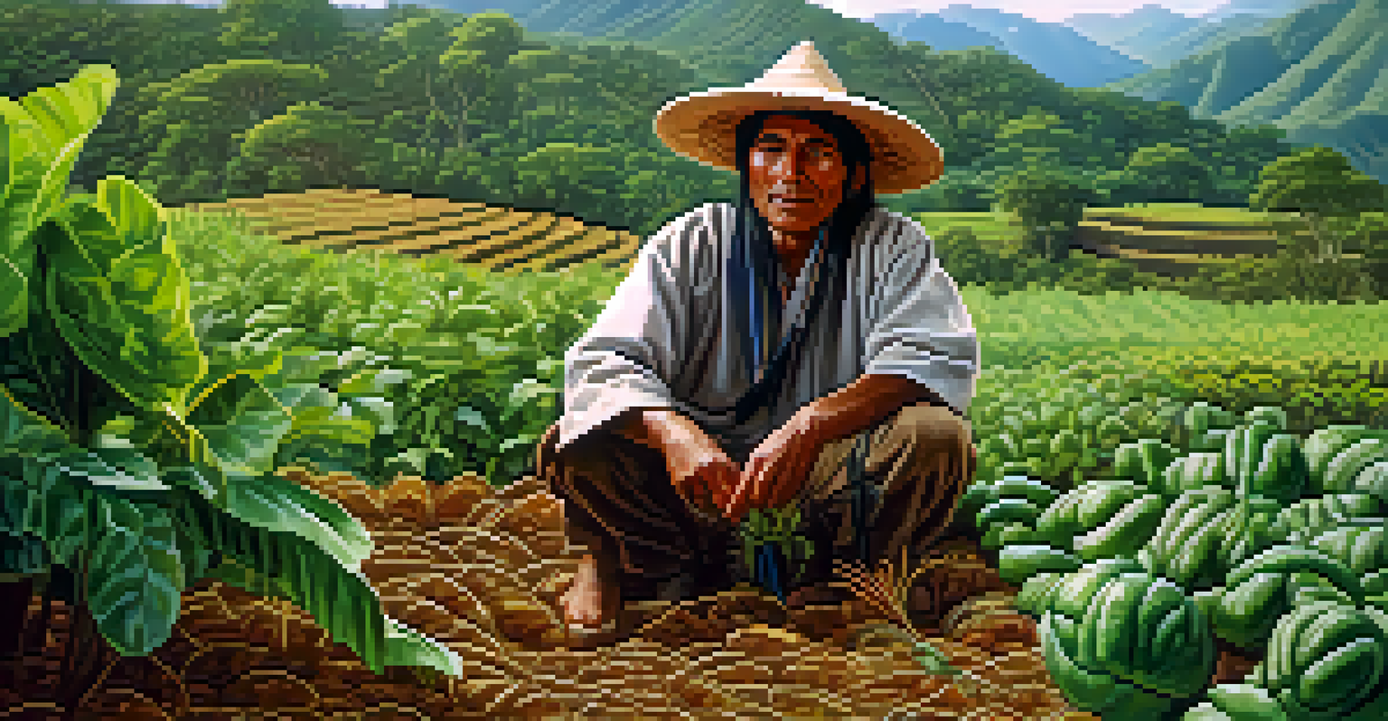A close-up of an indigenous farmer working in an agroforestry garden, surrounded by crops and native trees.
