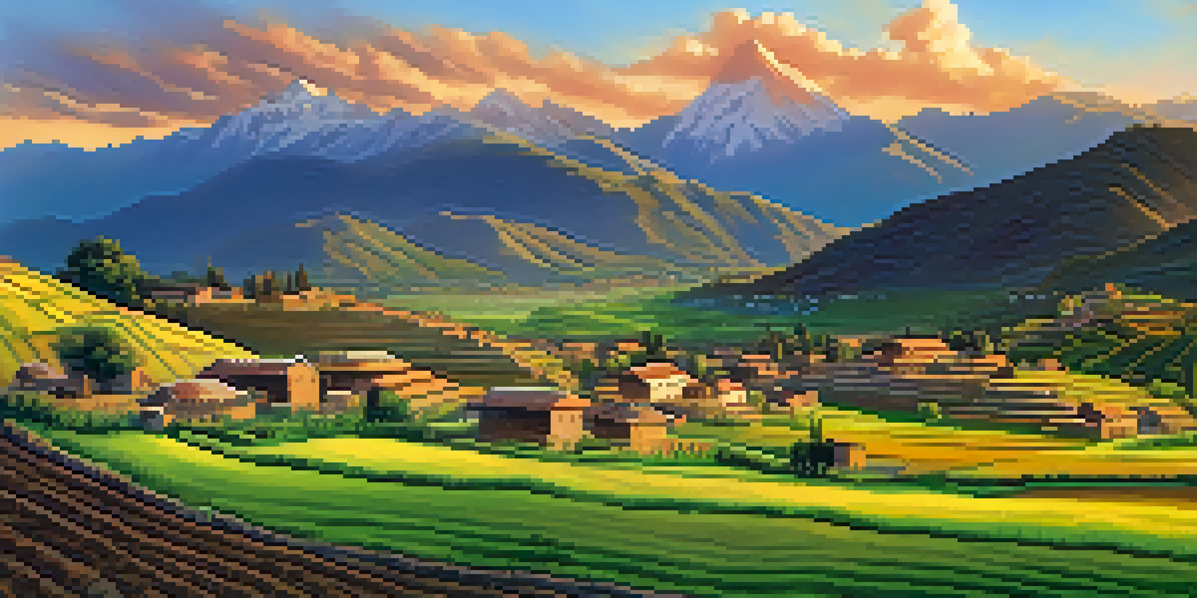 A scenic view of the Andes mountains at sunrise with a traditional Peruvian village and grazing llamas in the foreground.