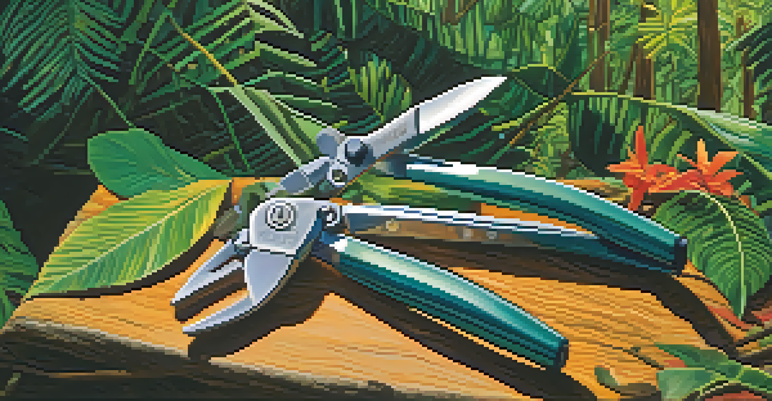 Multi-tool pliers repairing a tent pole in a lush Amazon rainforest with colorful flowers and sunlight filtering through trees.