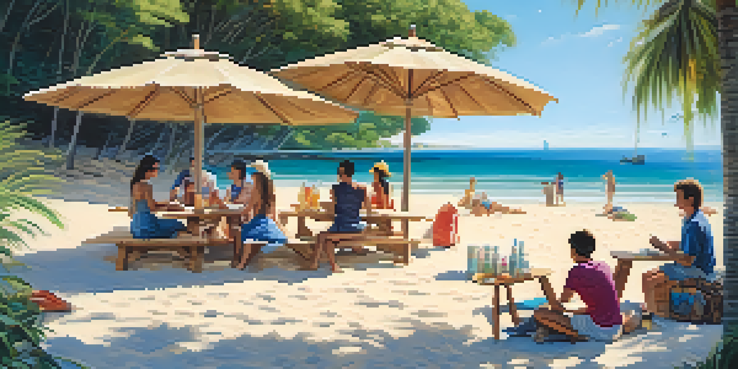 A peaceful beach with clear waters and travelers having a picnic, surrounded by greenery and eco-friendly signage.