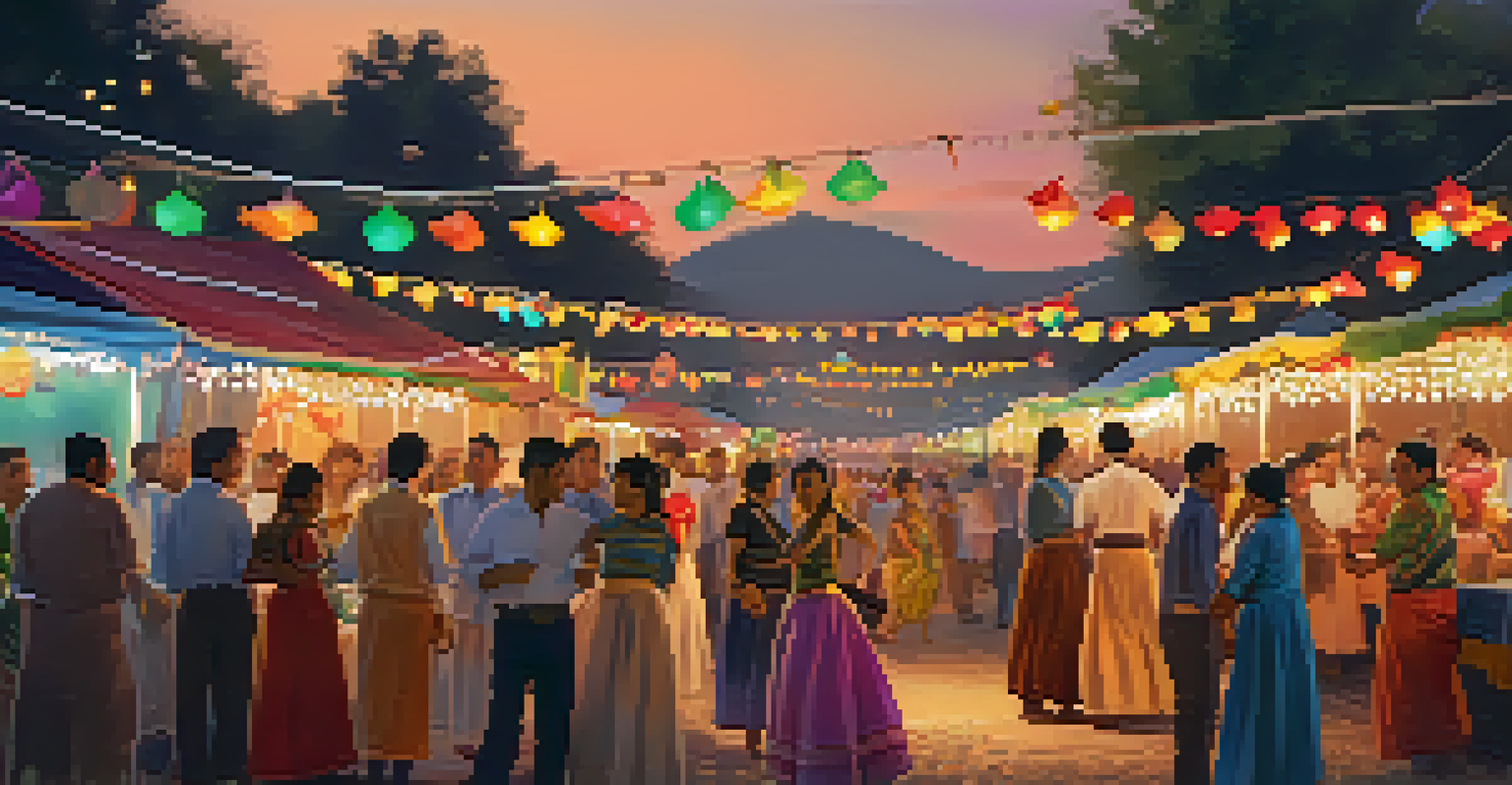 A lively community festival with local dancers in traditional clothing, food stalls, and vibrant decorations under evening lights.