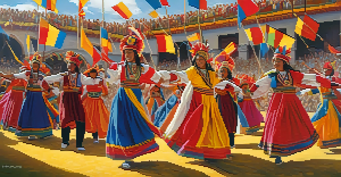 A lively celebration of the Inti Raymi Festival in Cusco, Peru, featuring dancers in colorful costumes and a historic backdrop.