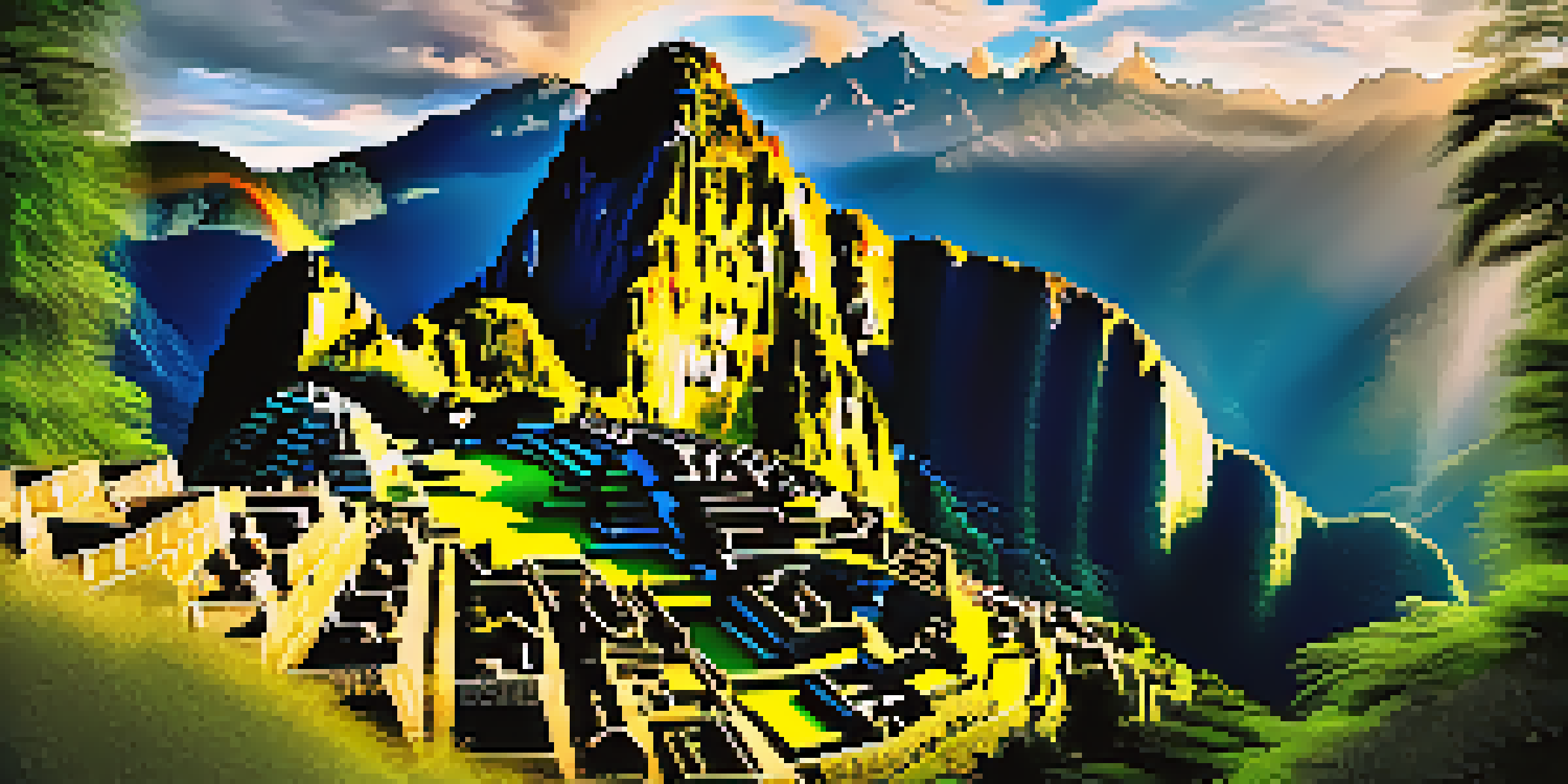 A scenic view of Machu Picchu at sunrise, showcasing ancient ruins and lush green mountains.