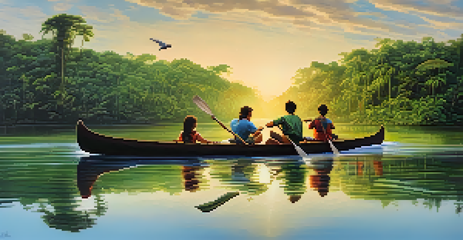 A family canoeing on a calm Amazon river, surrounded by rainforest and colorful birds, under a clear blue sky.