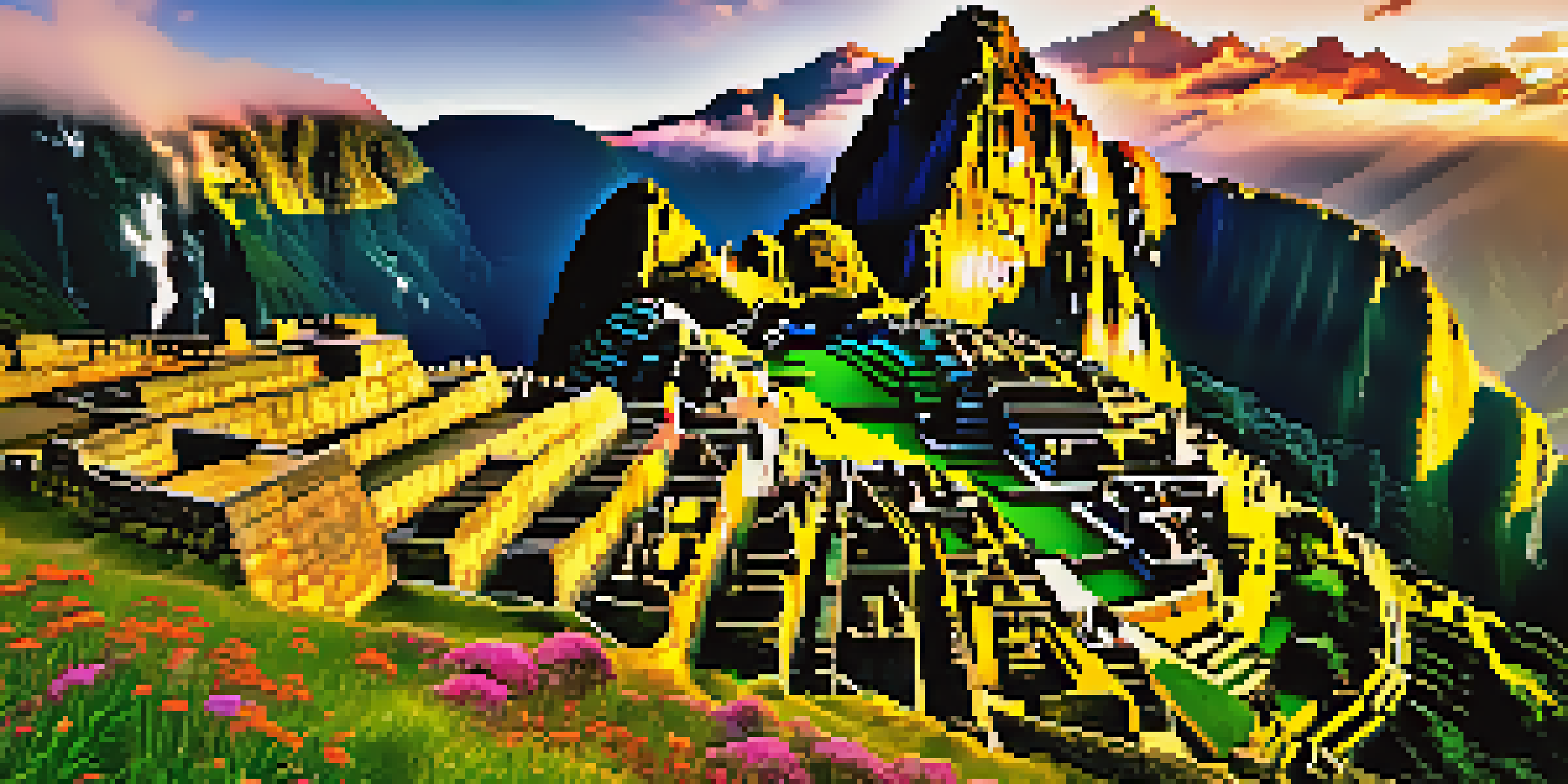 A scenic view of Machu Picchu at sunrise, showcasing ancient ruins surrounded by mountains and colorful wildflowers in the foreground.