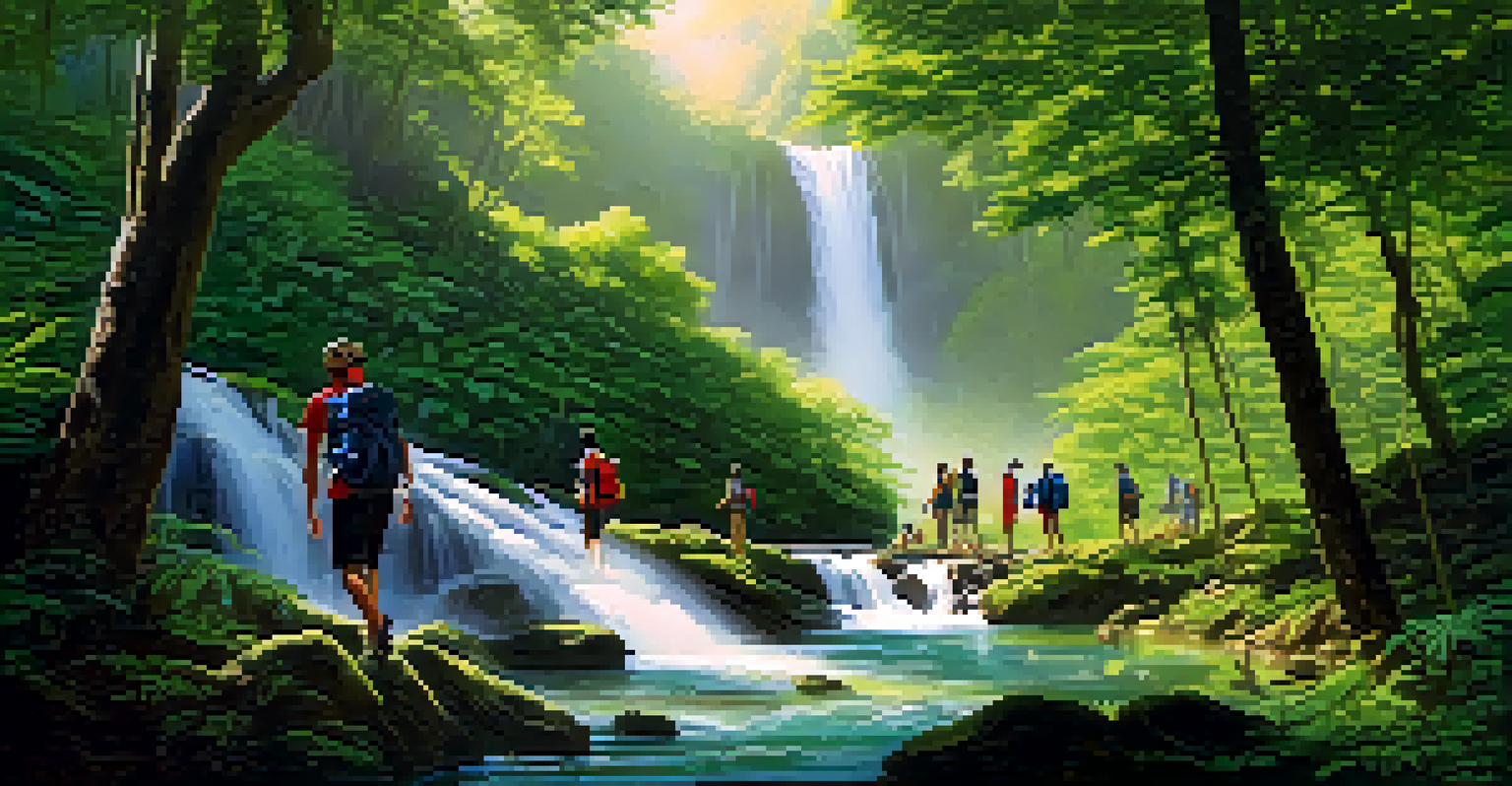 A group of eco-tourists hiking in a lush forest with a waterfall in the background.