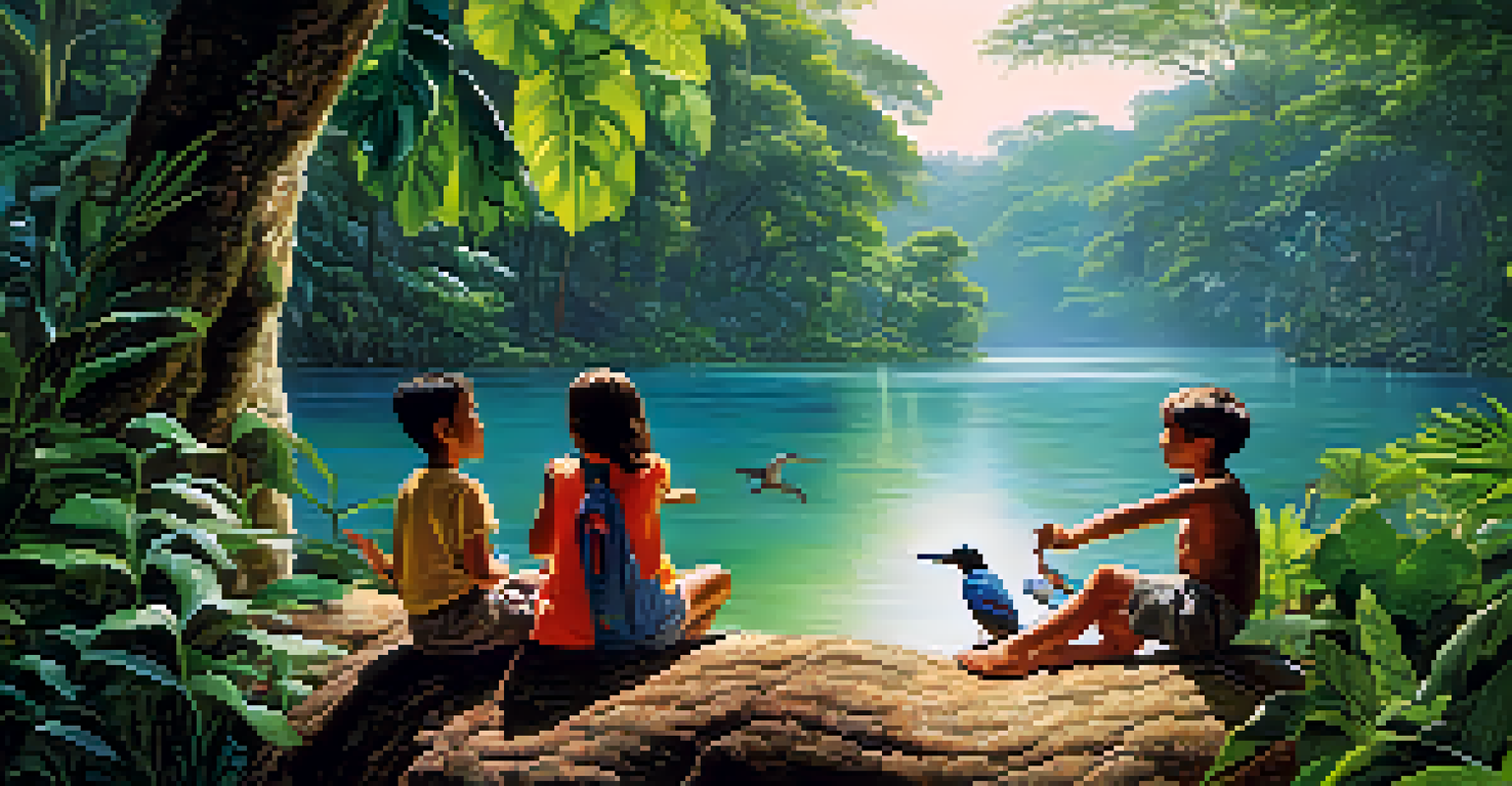 A family exploring the Amazon rainforest with vibrant plants and wildlife.