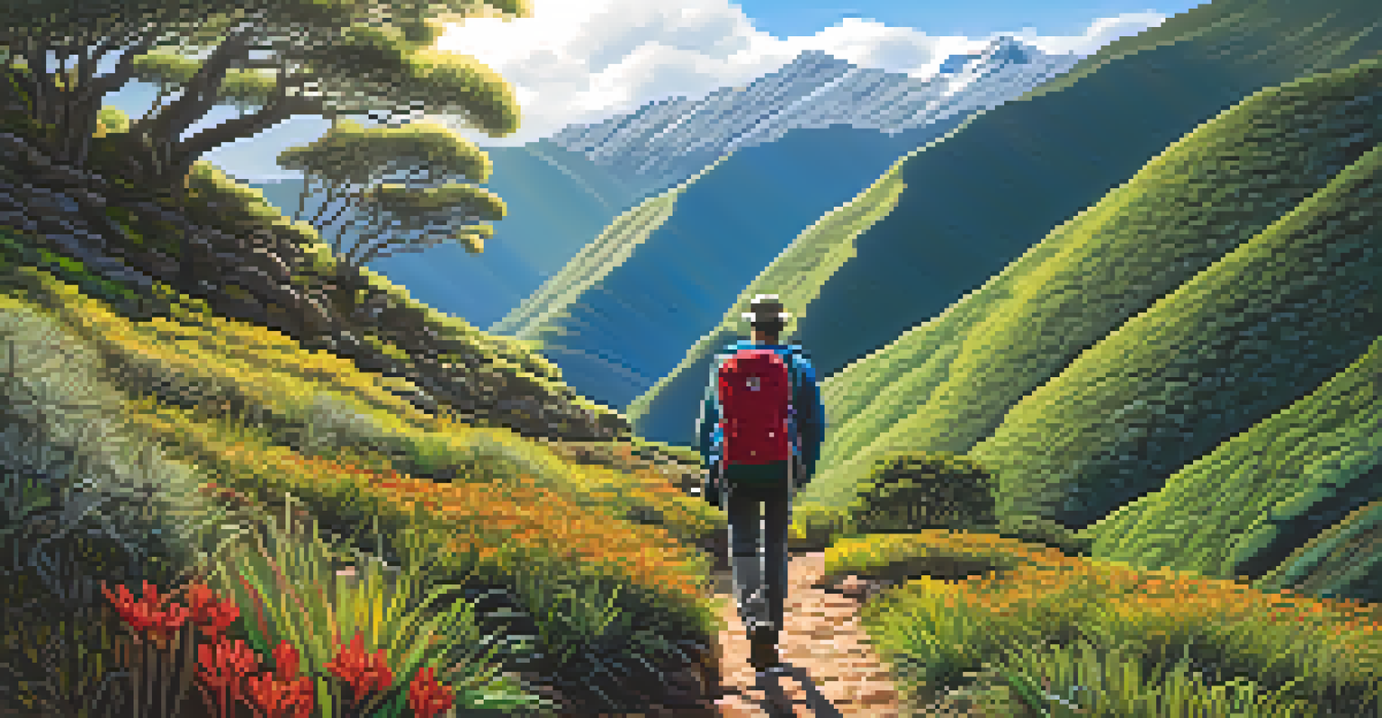 A hiker walking on a rugged trail towards Choquequirao, surrounded by colorful flowers and trees.