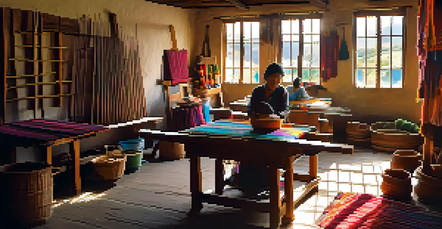A local artisan weaving a colorful textile in a sunlit workshop, with a young apprentice observing the process.