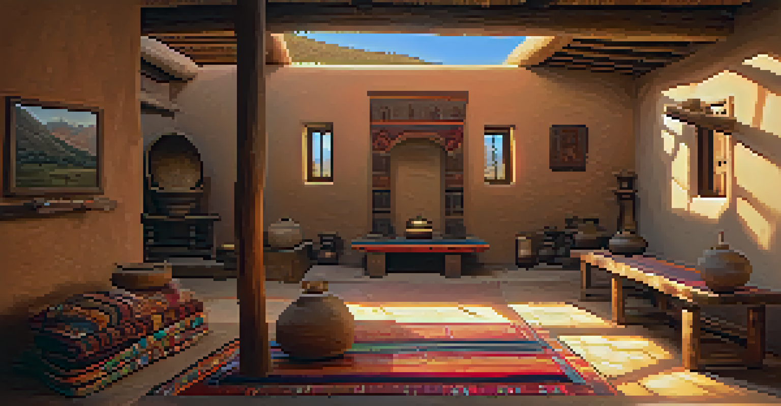 The interior of a traditional Andean adobe home with textiles, wooden beams, and an altar, illuminated by soft light.