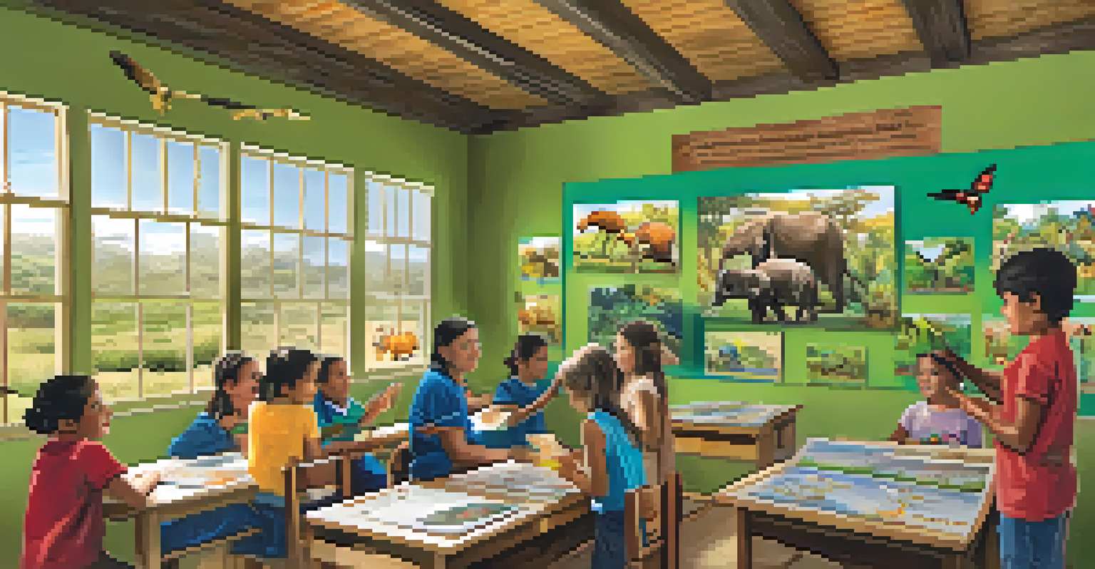 Children participating in a workshop at a wildlife rehabilitation center in Peru, learning about wildlife conservation with colorful posters and a volunteer demonstrating care techniques.