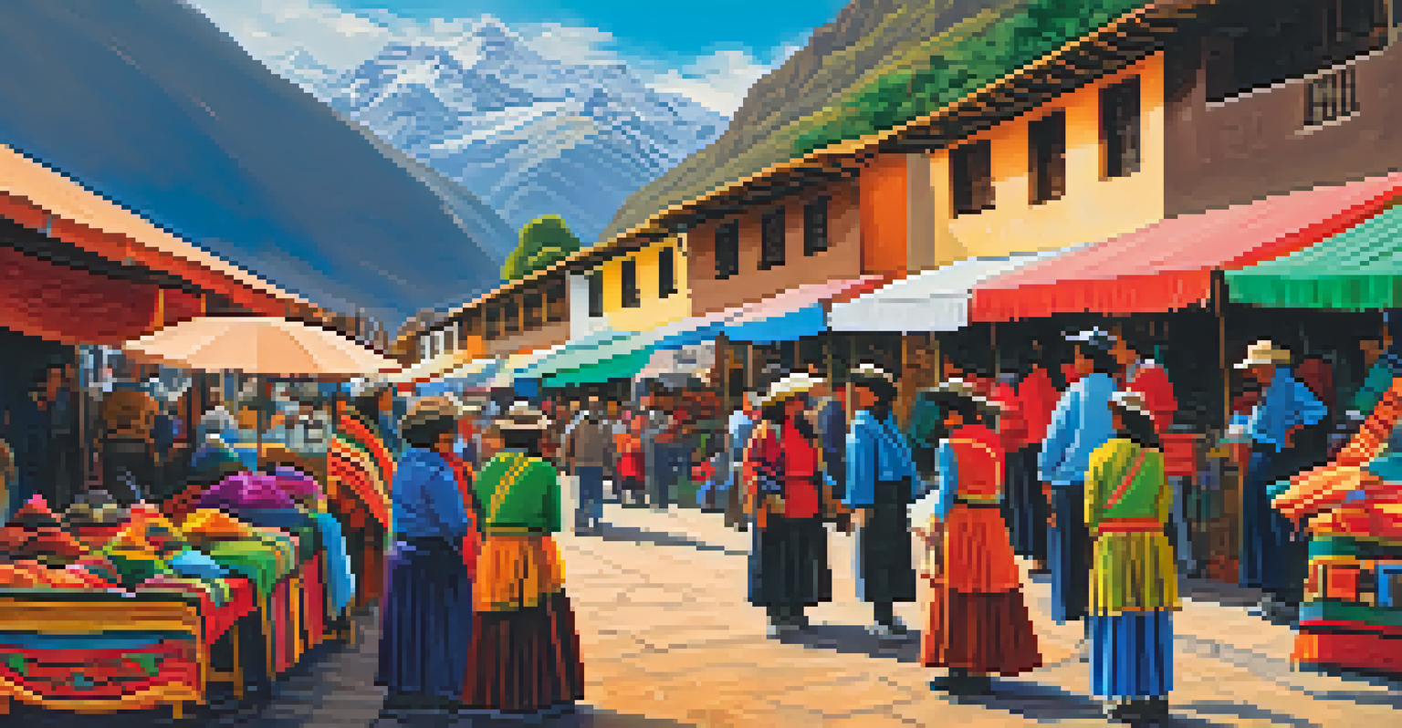 A scenic view of a market with mountains in the background, filled with colorful textiles and people shopping.