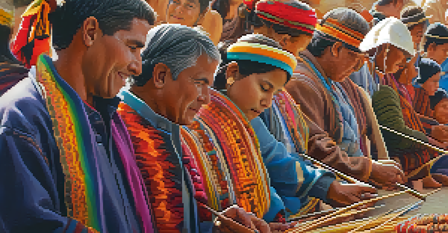 Artisans at a Peruvian festival making traditional crafts, with colorful textiles and warm sunset light highlighting the scene.