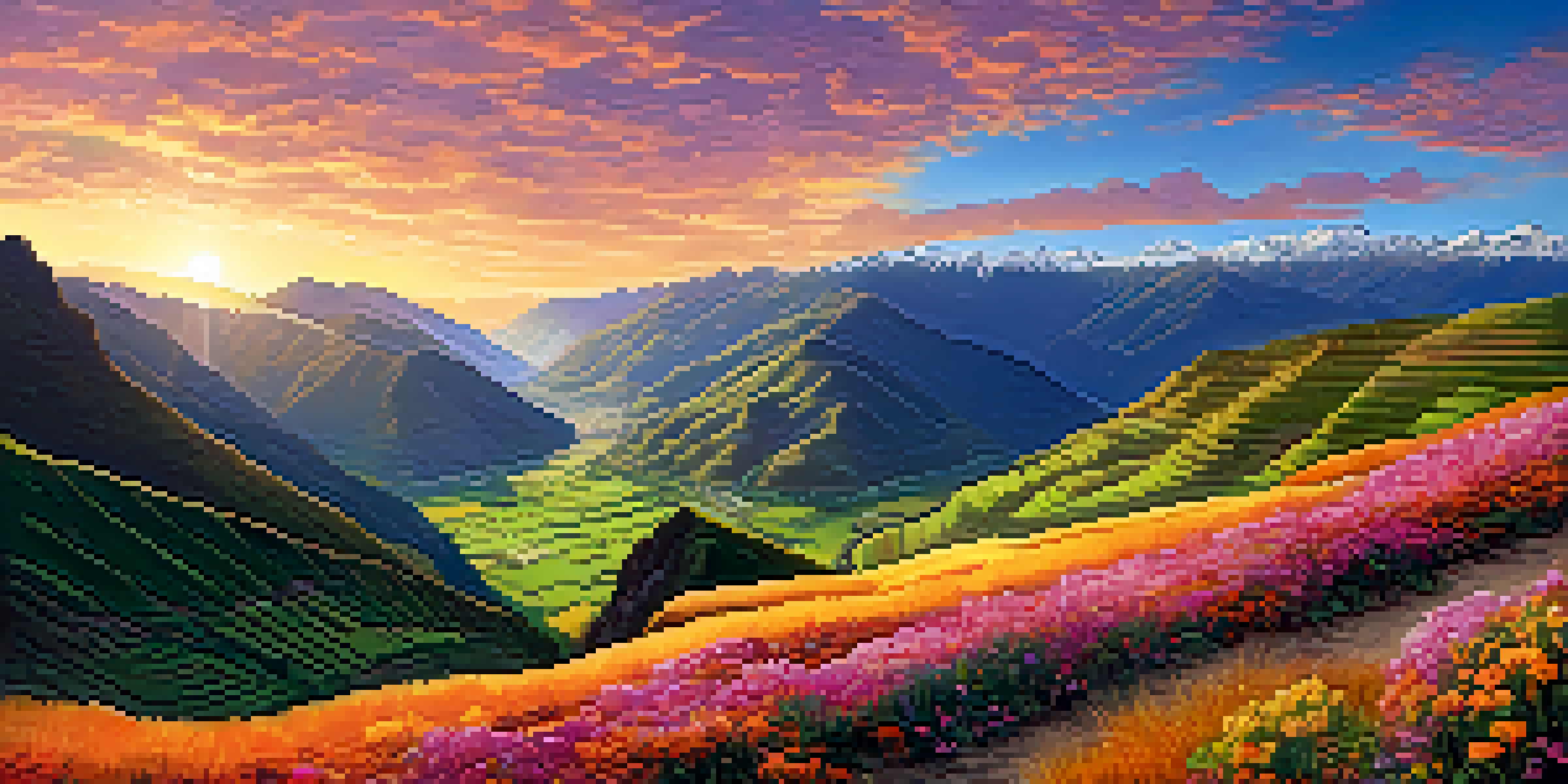 A hiker standing on a trail overlooking the Sacred Valley at sunrise, surrounded by lush mountains and blooming wildflowers.