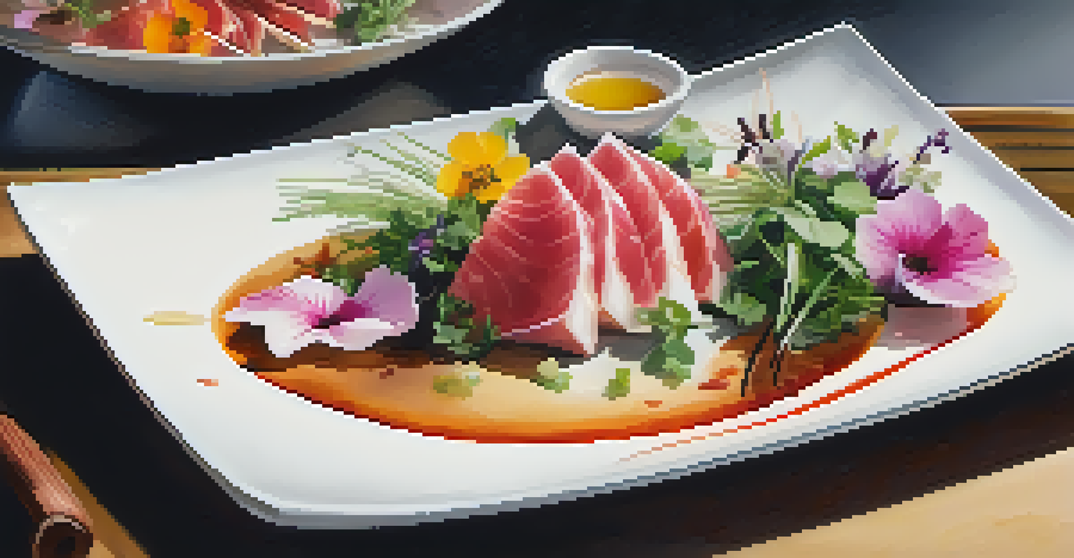 A close-up view of a plated Nikkei dish with tiradito, soy sauce, fresh herbs, and edible flowers, beautifully arranged on a plate.