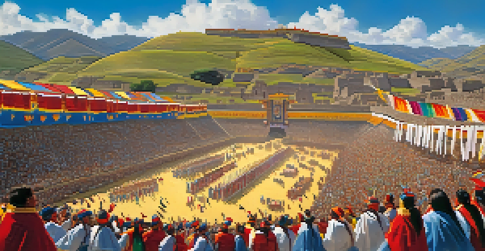 A lively festival scene with people in traditional Incan costumes dancing at the Sacsayhuamán ruins under a bright sun.