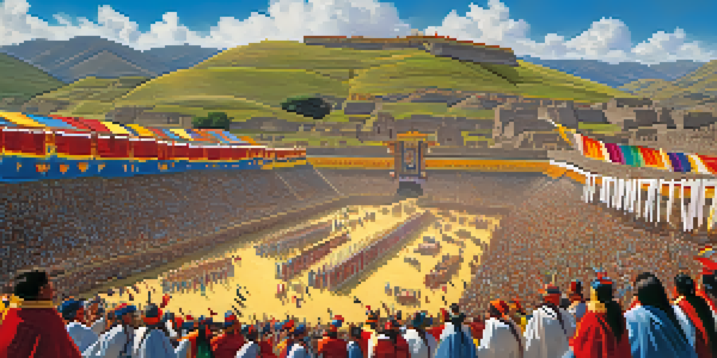 A lively festival scene with people in traditional Incan costumes dancing at the Sacsayhuamán ruins under a bright sun.