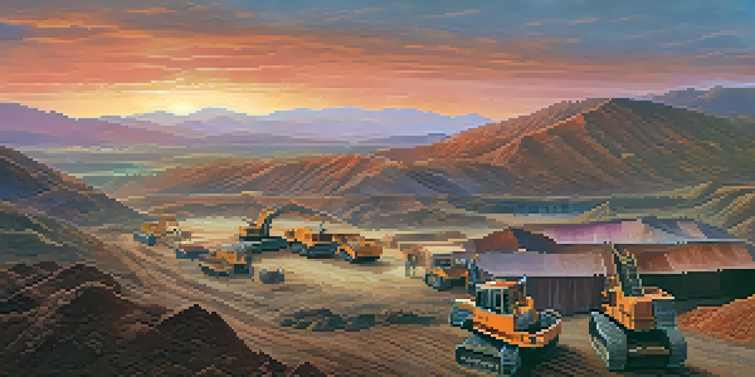 A sunrise over a Peruvian mining site with machinery in the foreground and rolling hills in the background.