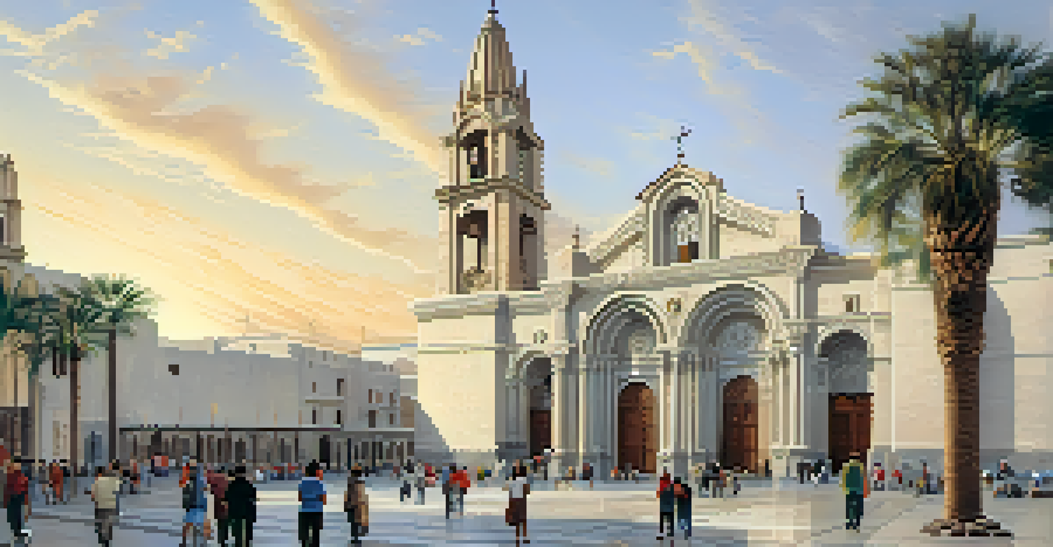 The Cathedral of Arequipa, featuring its grand white stone facade and bustling plaza filled with people, illuminated by morning light.
