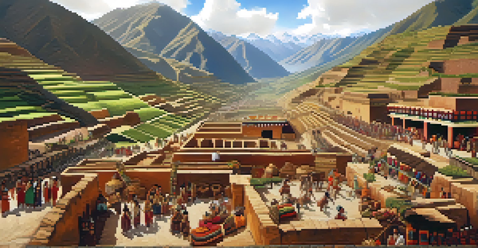 An artistic representation of pre-Columbian Peru showing vibrant textiles and ceramics in a bustling marketplace.