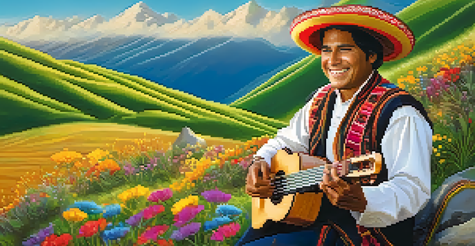 A traditional Peruvian musician playing the charango on a hillside with lush green mountains and colorful wildflowers in the background.
