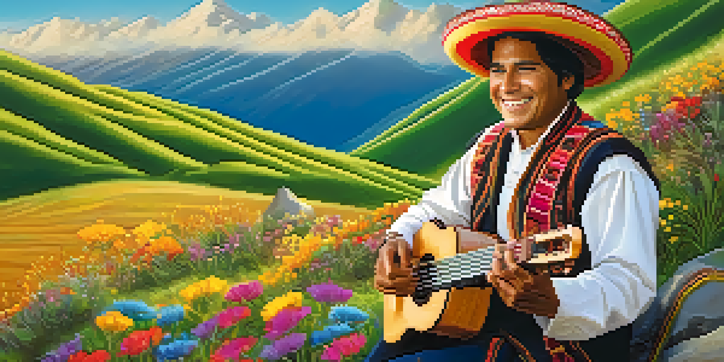A traditional Peruvian musician playing the charango on a hillside with lush green mountains and colorful wildflowers in the background.