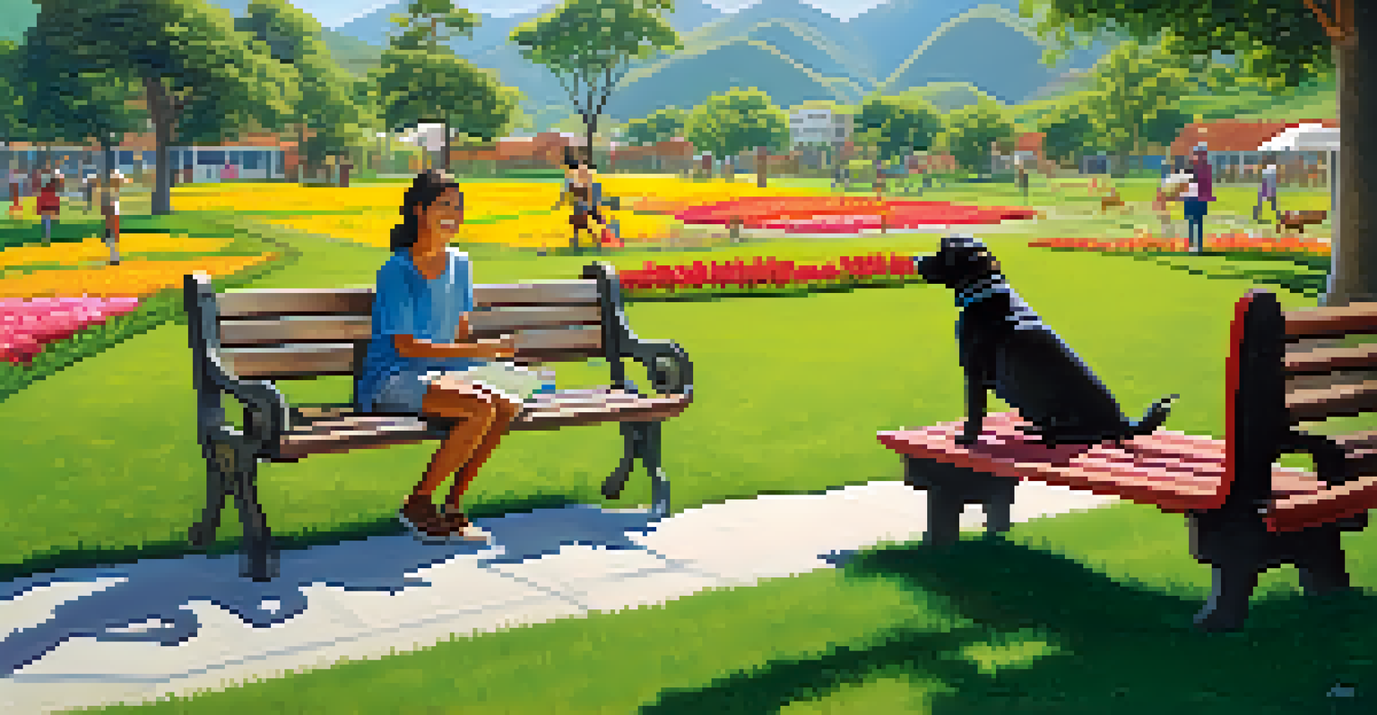 A sunny outdoor park in Peru with a dog playing fetch and colorful flowers, showcasing a pet-friendly atmosphere.