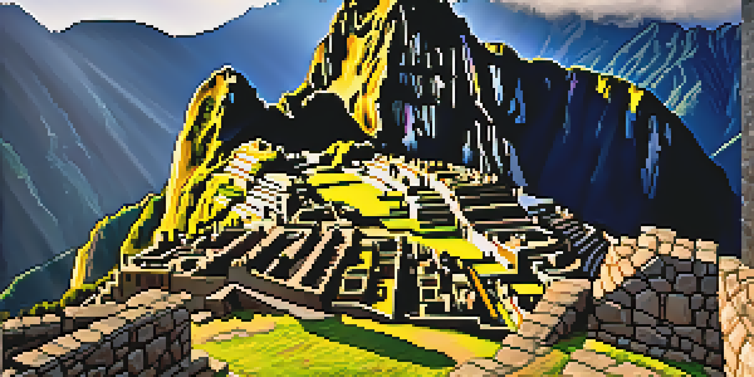 Hikers at the Sun Gate with a sunrise view of Machu Picchu.