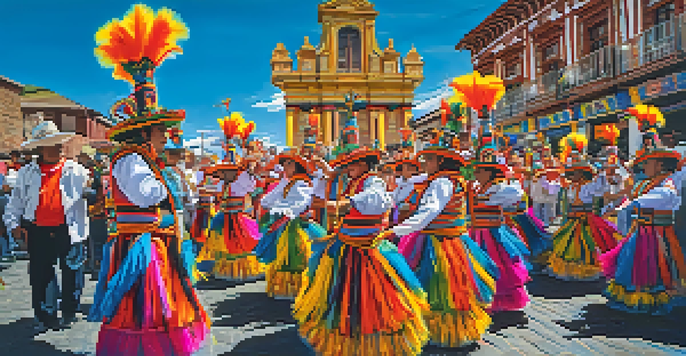 Participants in colorful costumes dance during the Fiesta de la Virgen de la Candelaria, surrounded by a festive crowd and decorations under a blue sky.