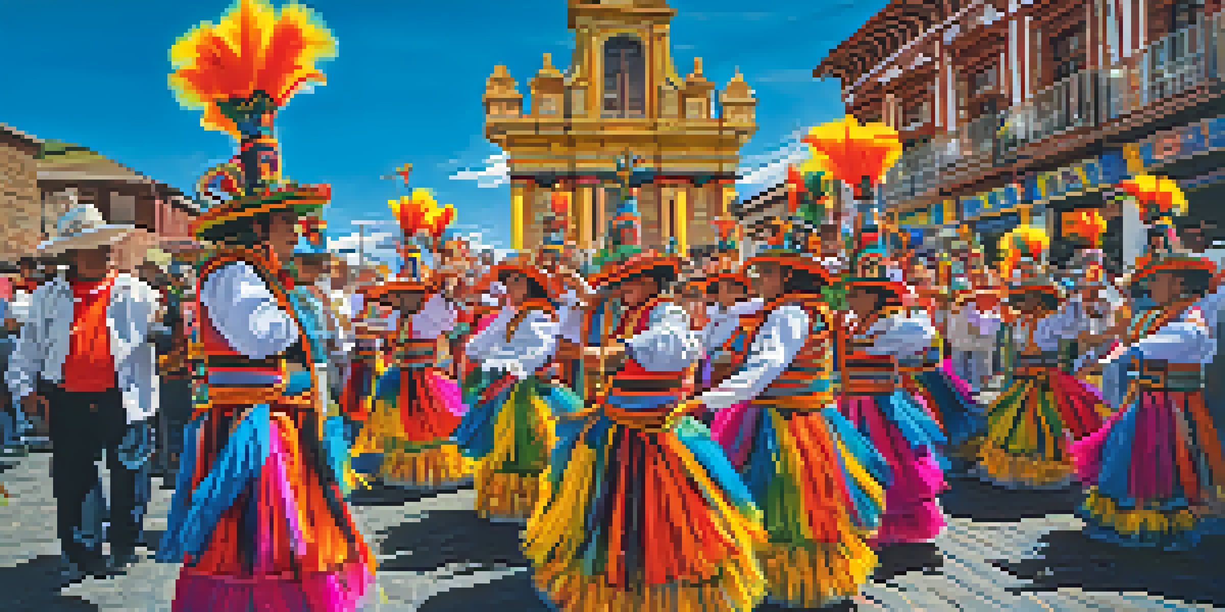 Participants in colorful costumes dance during the Fiesta de la Virgen de la Candelaria, surrounded by a festive crowd and decorations under a blue sky.