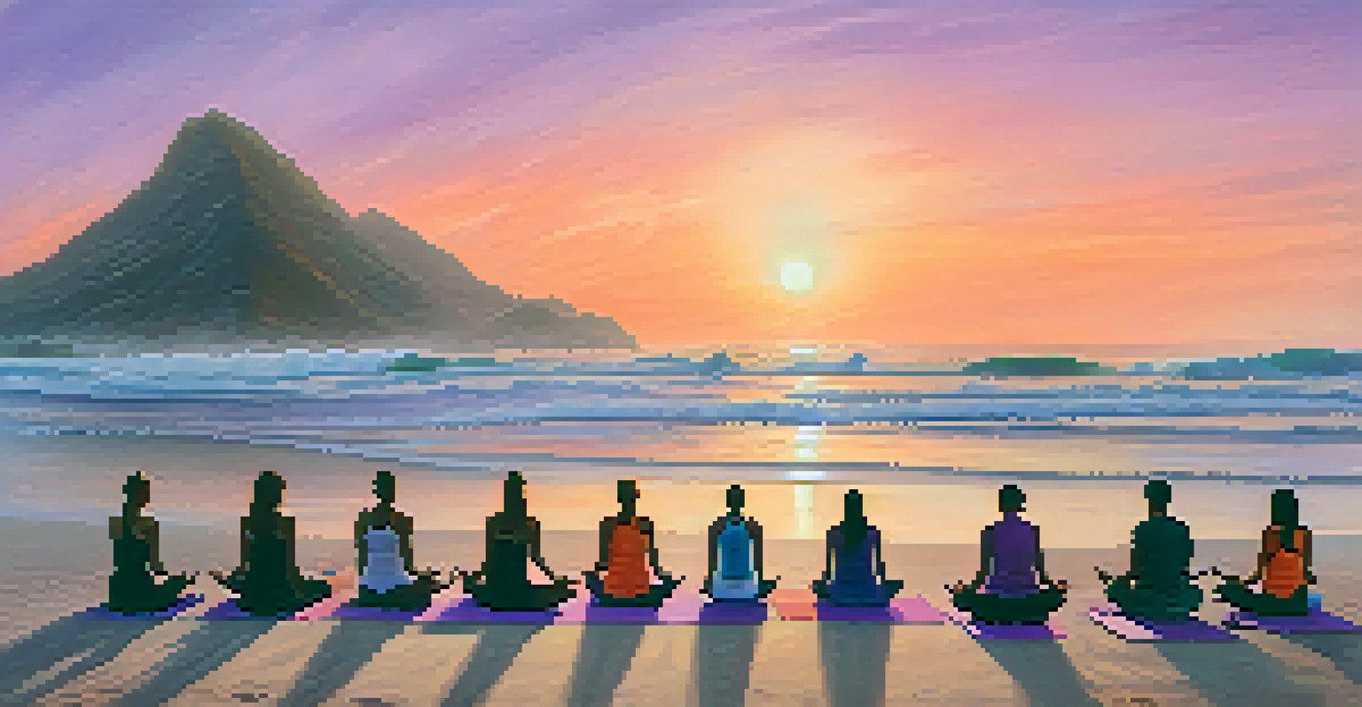 People practicing yoga on the beach at sunset, with waves and a colorful sky in the background.