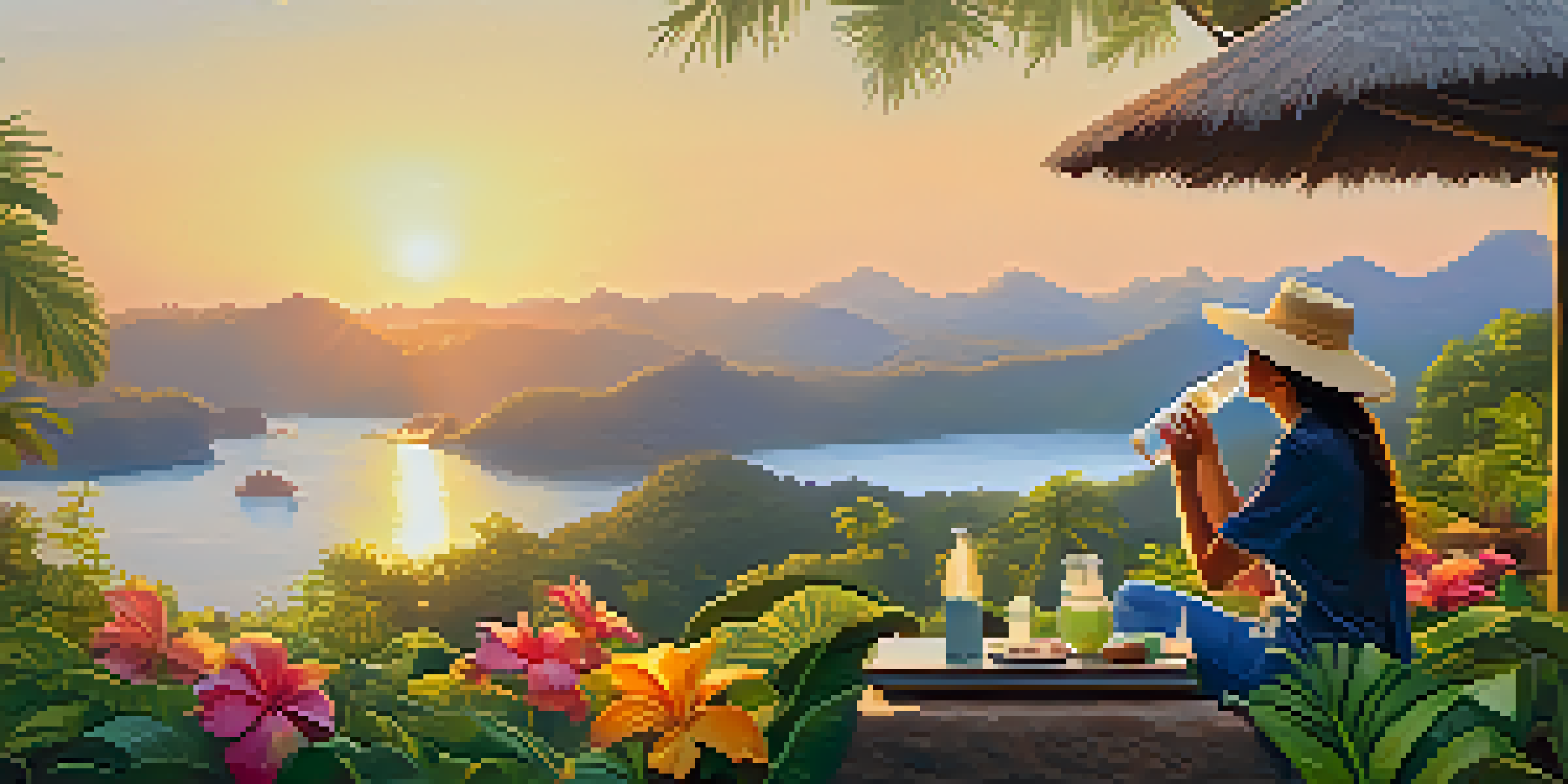 A traveler in breathable clothing enjoying coconut water in a lush outdoor setting during sunrise.