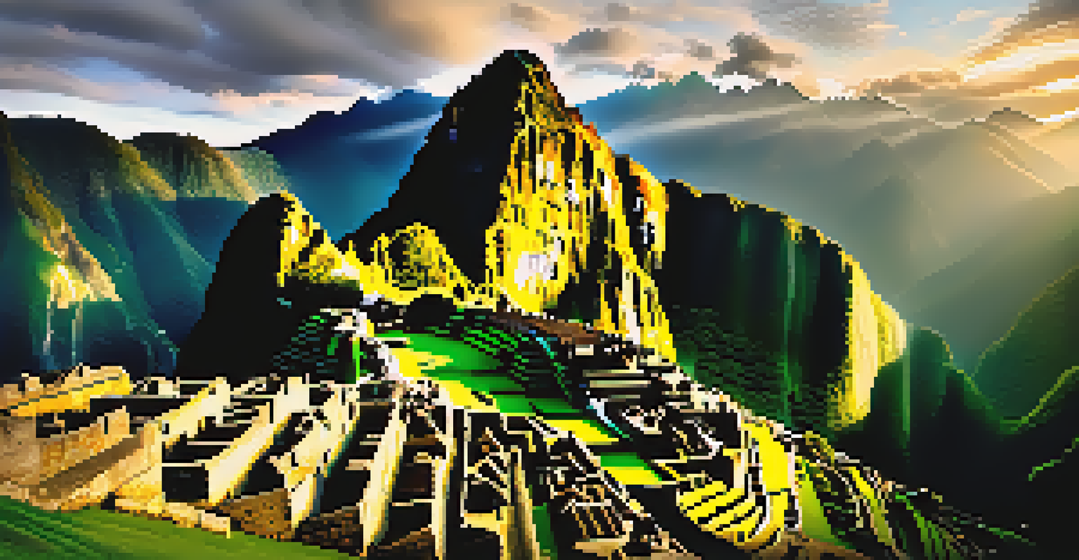 A view of Machu Picchu at sunrise with mist and golden light illuminating the ancient ruins and surrounding mountains.