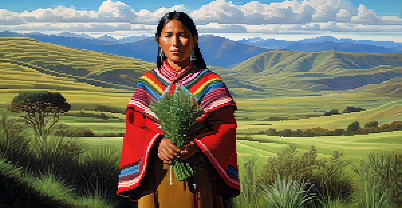 An Aymara woman in traditional attire, standing in a beautiful highland landscape with a bundle of herbs.