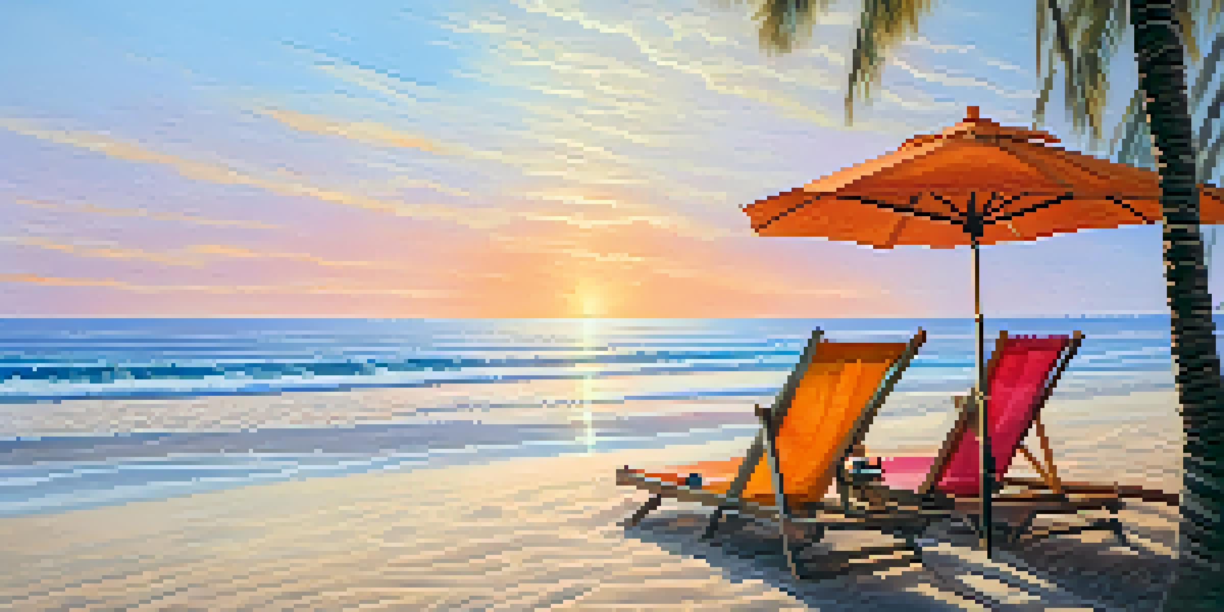 A peaceful beach at Punta Sal, with a couple relaxing under an umbrella and palm trees swaying in the breeze during sunset.