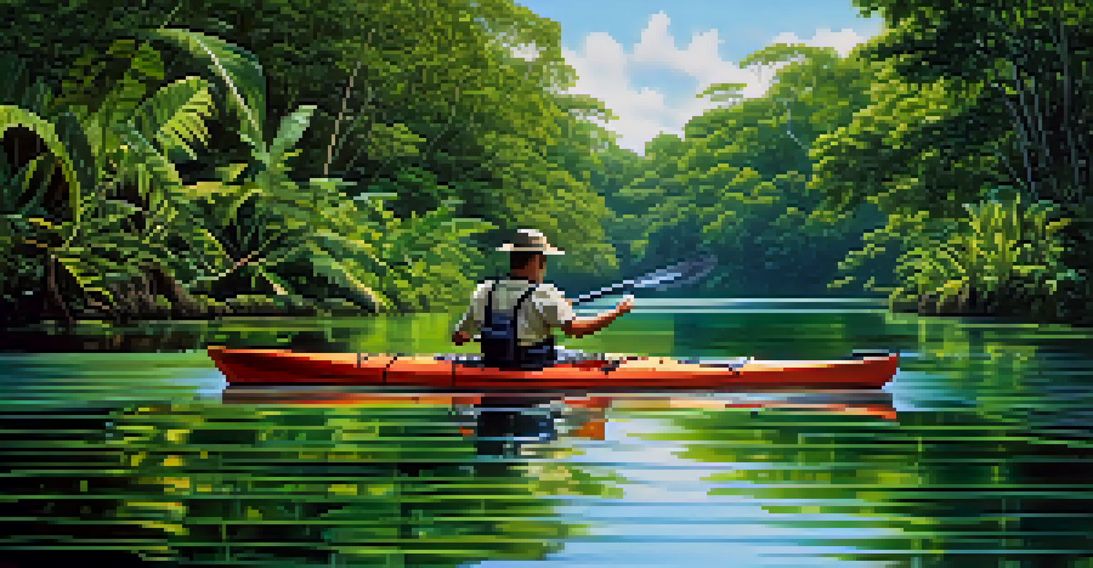 A kayaker paddling in the Amazon River, surrounded by lush greenery and reflections on the water.