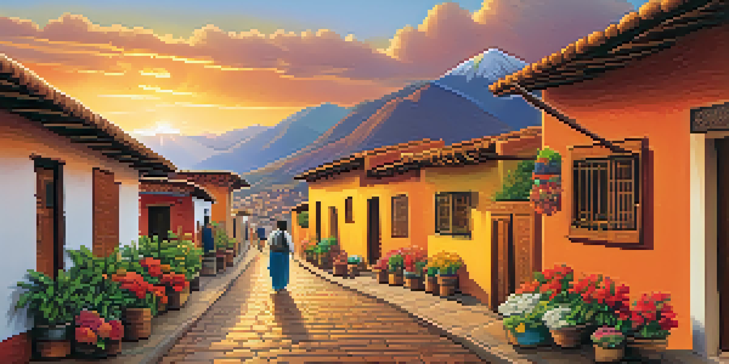 A traditional Peruvian village with colorful houses and local artisans, set against the backdrop of the Andes mountains at sunset.