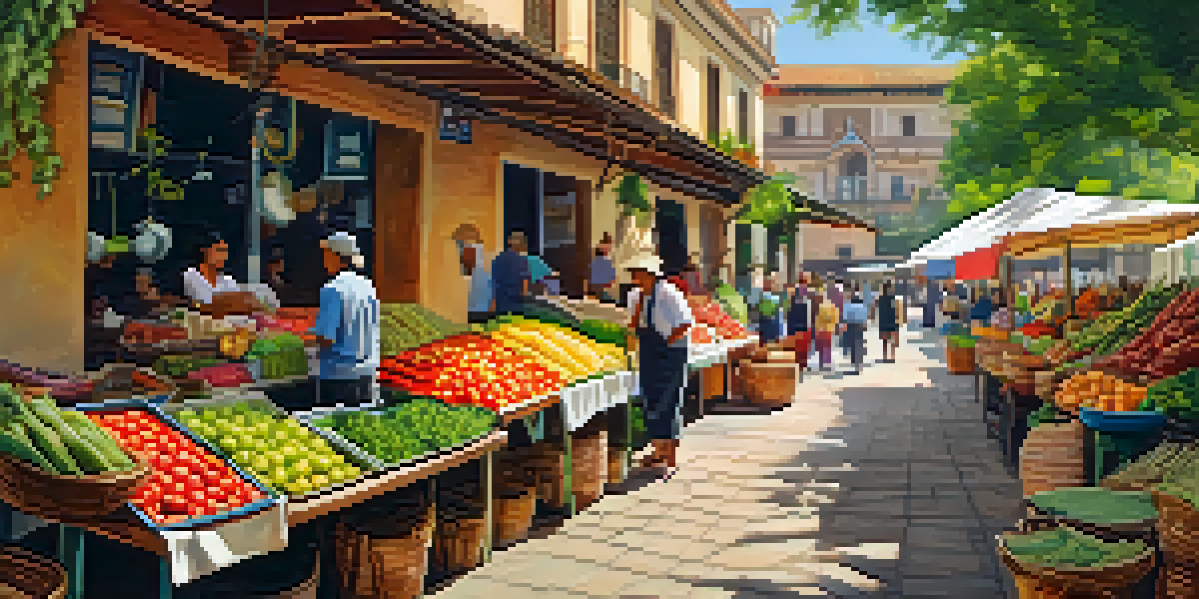 A bustling market scene with colorful stalls displaying fresh produce and handmade crafts, illuminated by warm sunlight.