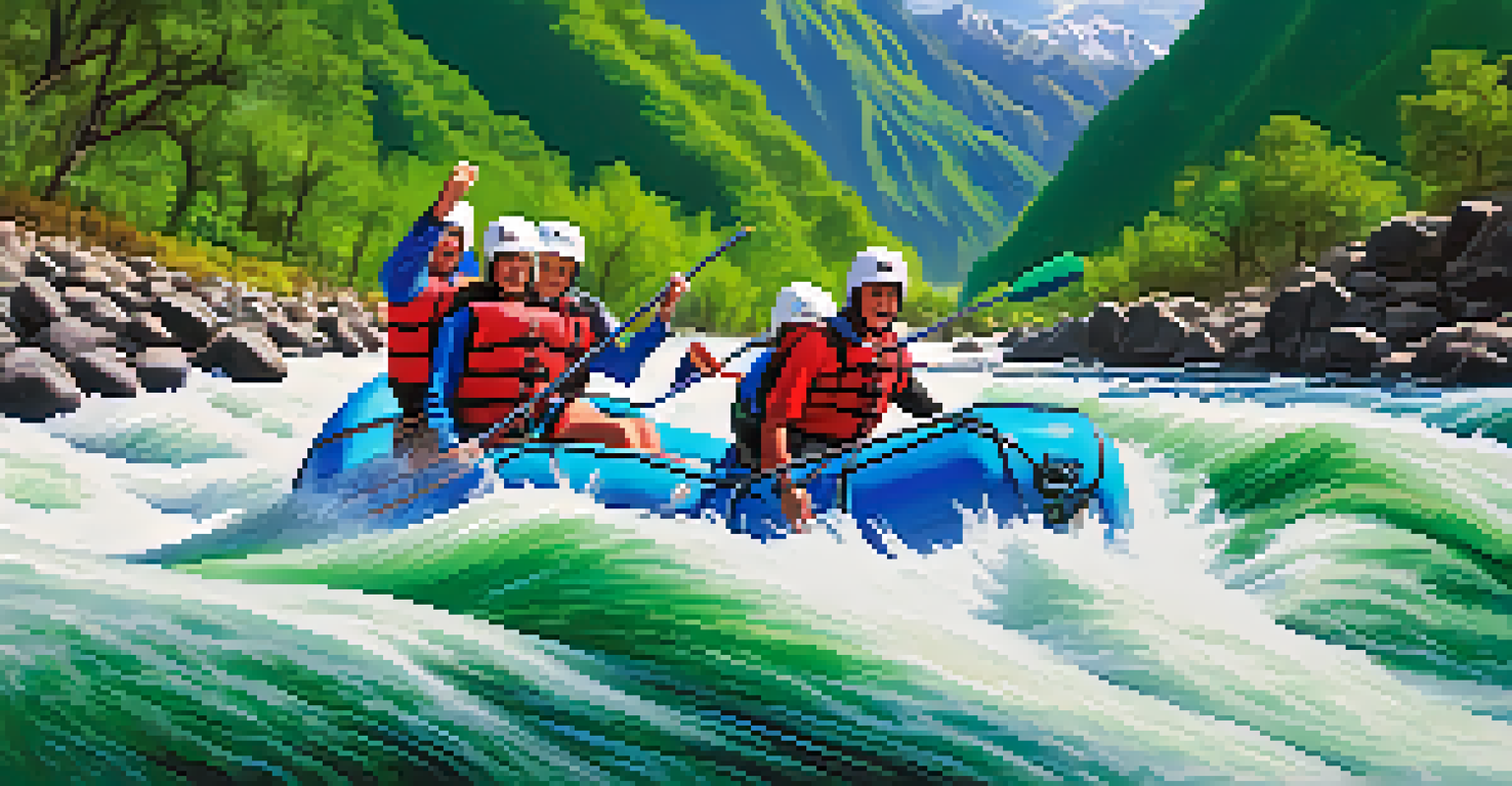 Participants whitewater rafting on the Urubamba River, navigating through rapids with mountains in the background.