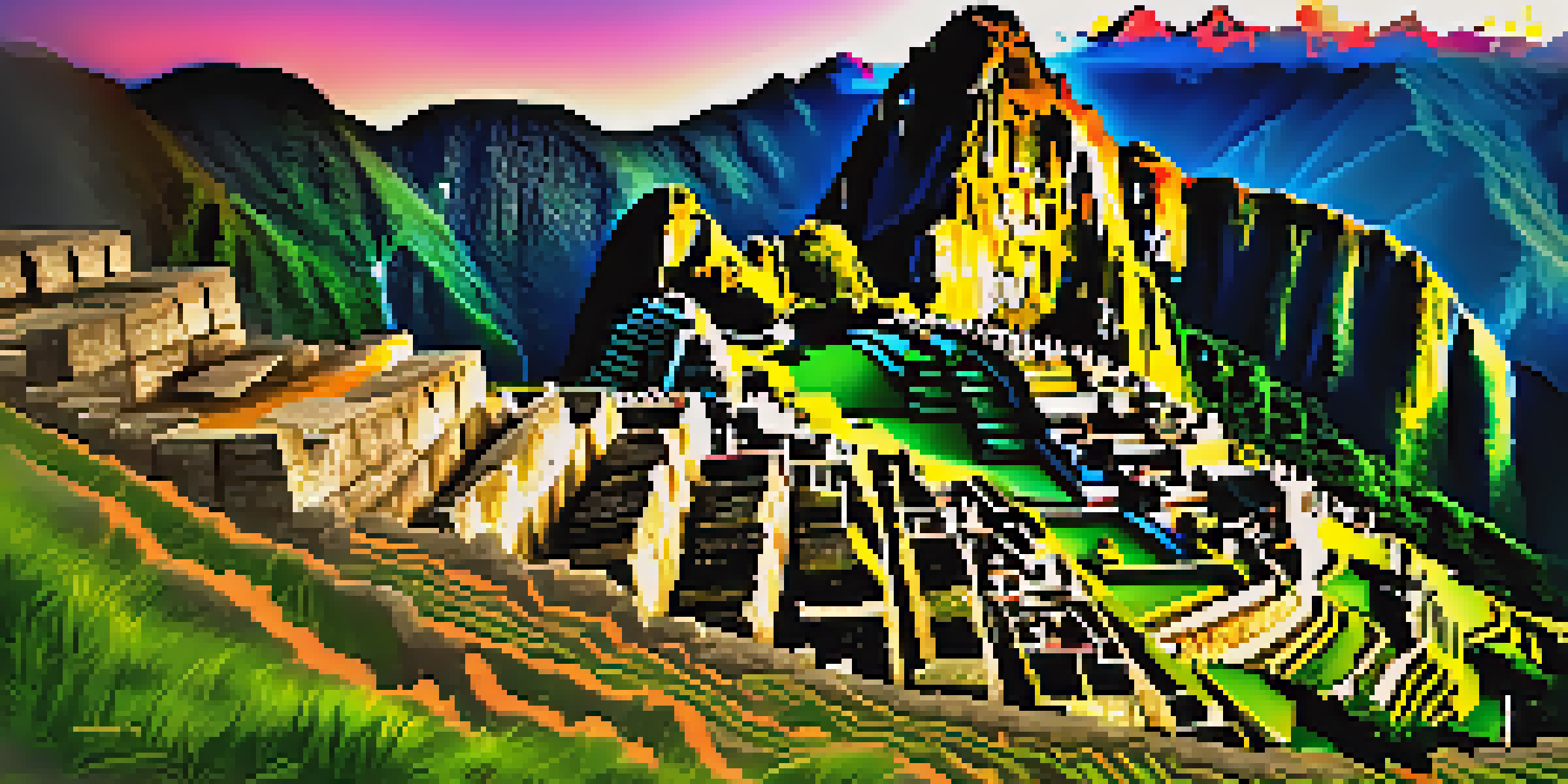 A scenic view of Machu Picchu during sunrise, with ancient ruins illuminated by golden light and a photographer in the foreground.