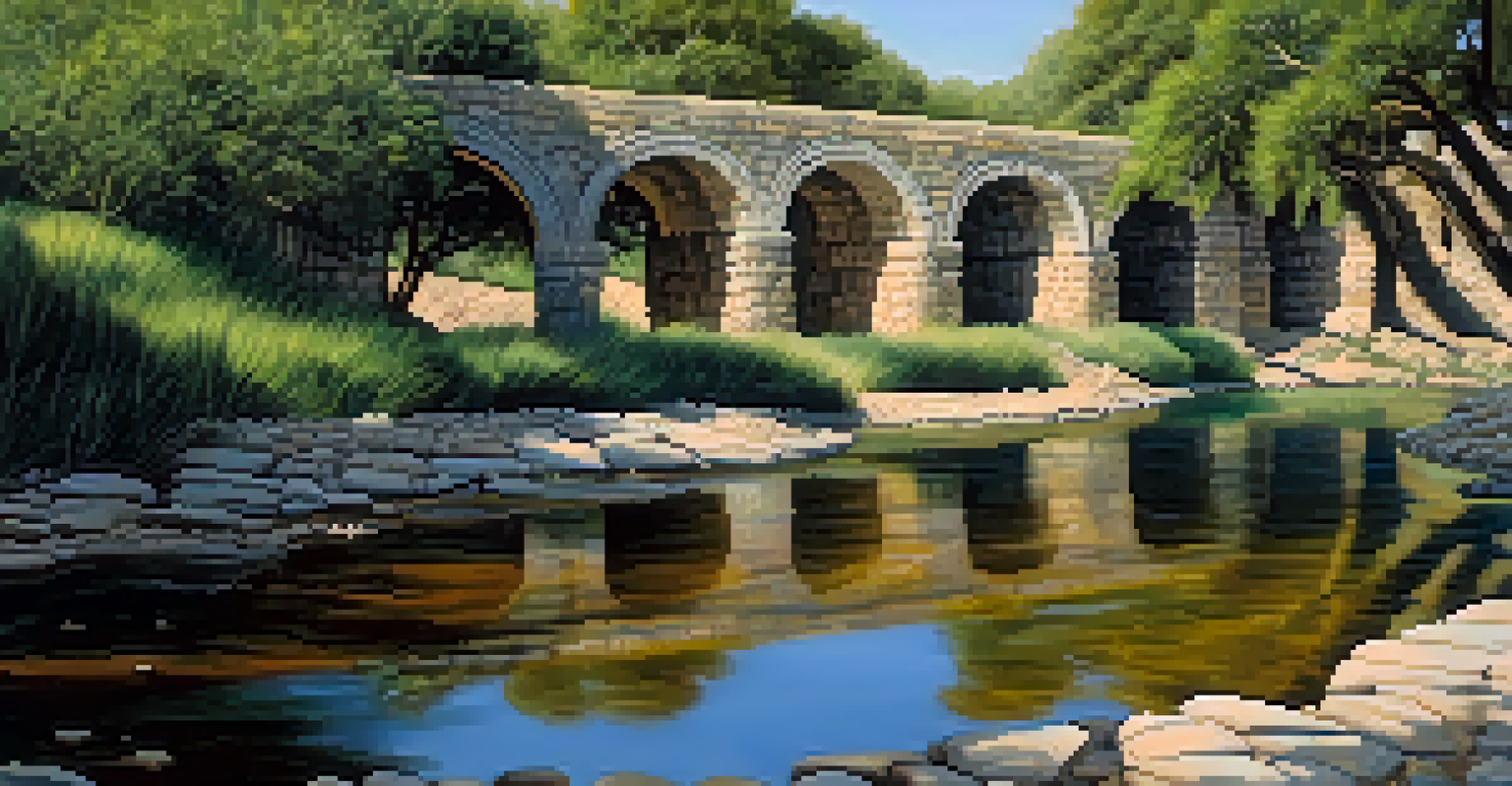 Close-up of ancient irrigation channels with clear water and surrounding native plants.