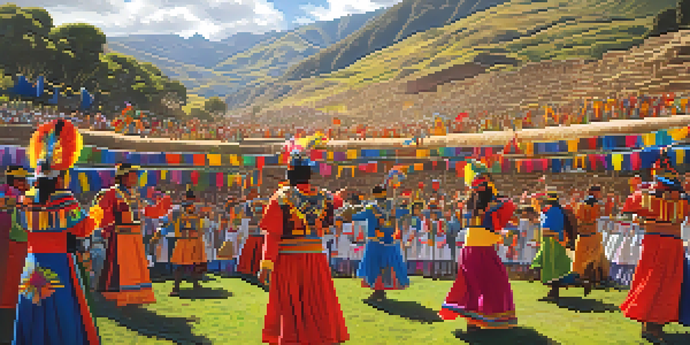 A lively festival scene depicting the Inti Raymi celebration in Cusco, with colorful costumes and rituals under a bright sun.