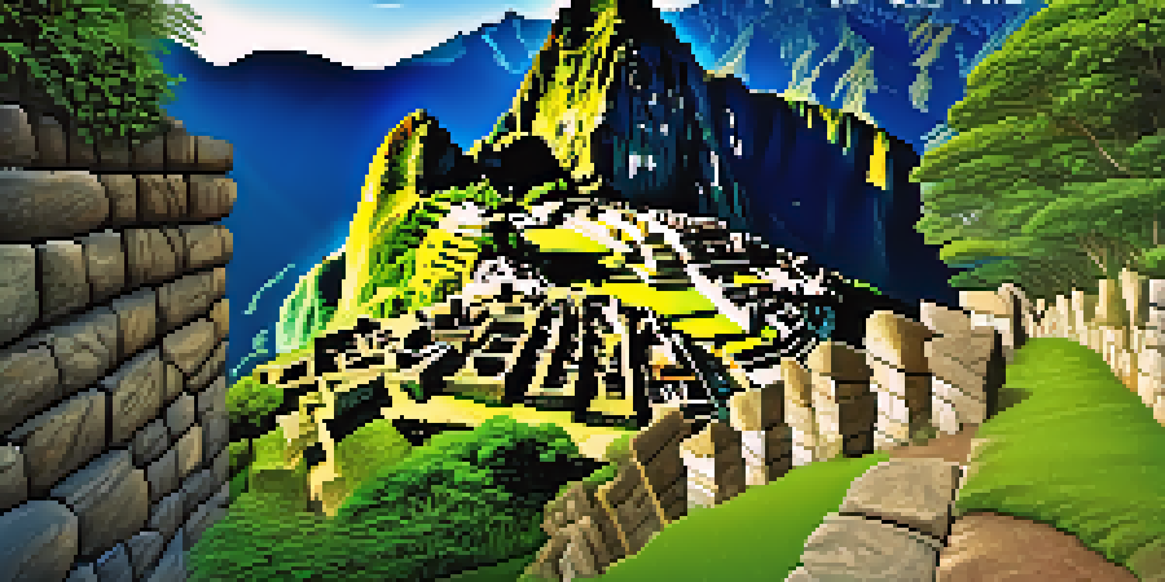 A breathtaking landscape of Machu Picchu at sunrise, with ancient ruins illuminated by golden light and a clear blue sky, featuring a gentle slope path for accessibility.