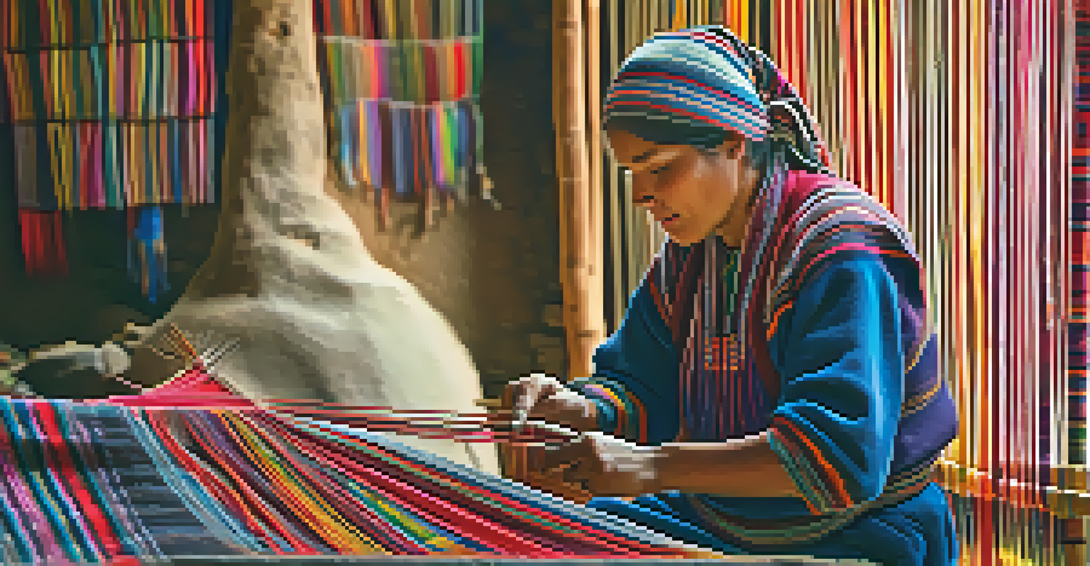 An artisan weaving textiles in a village in the Sacred Valley, surrounded by colorful threads.