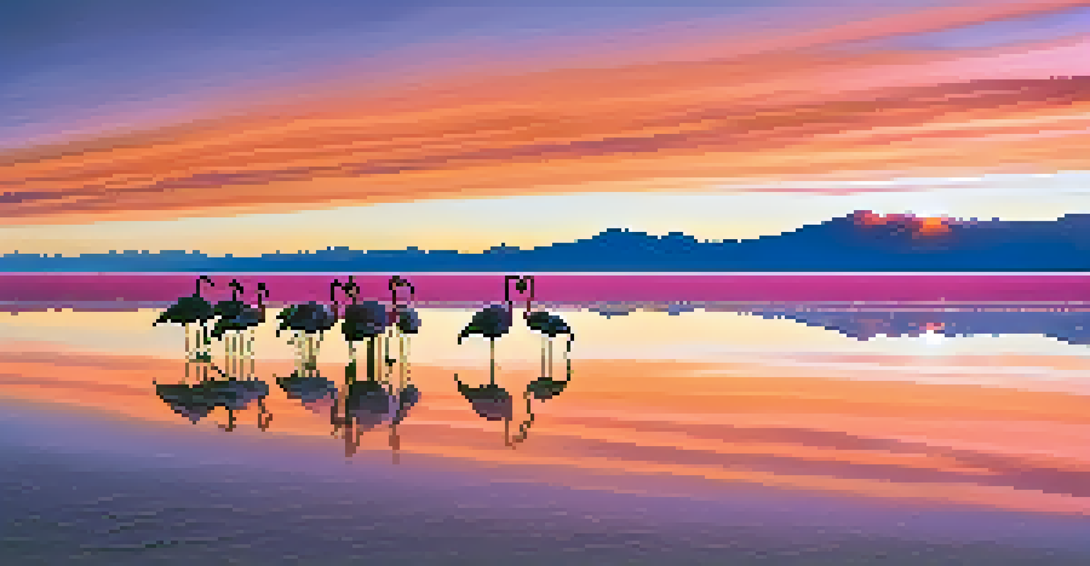 Sunset at Salar de Uyuni with flamingos and colorful reflections.