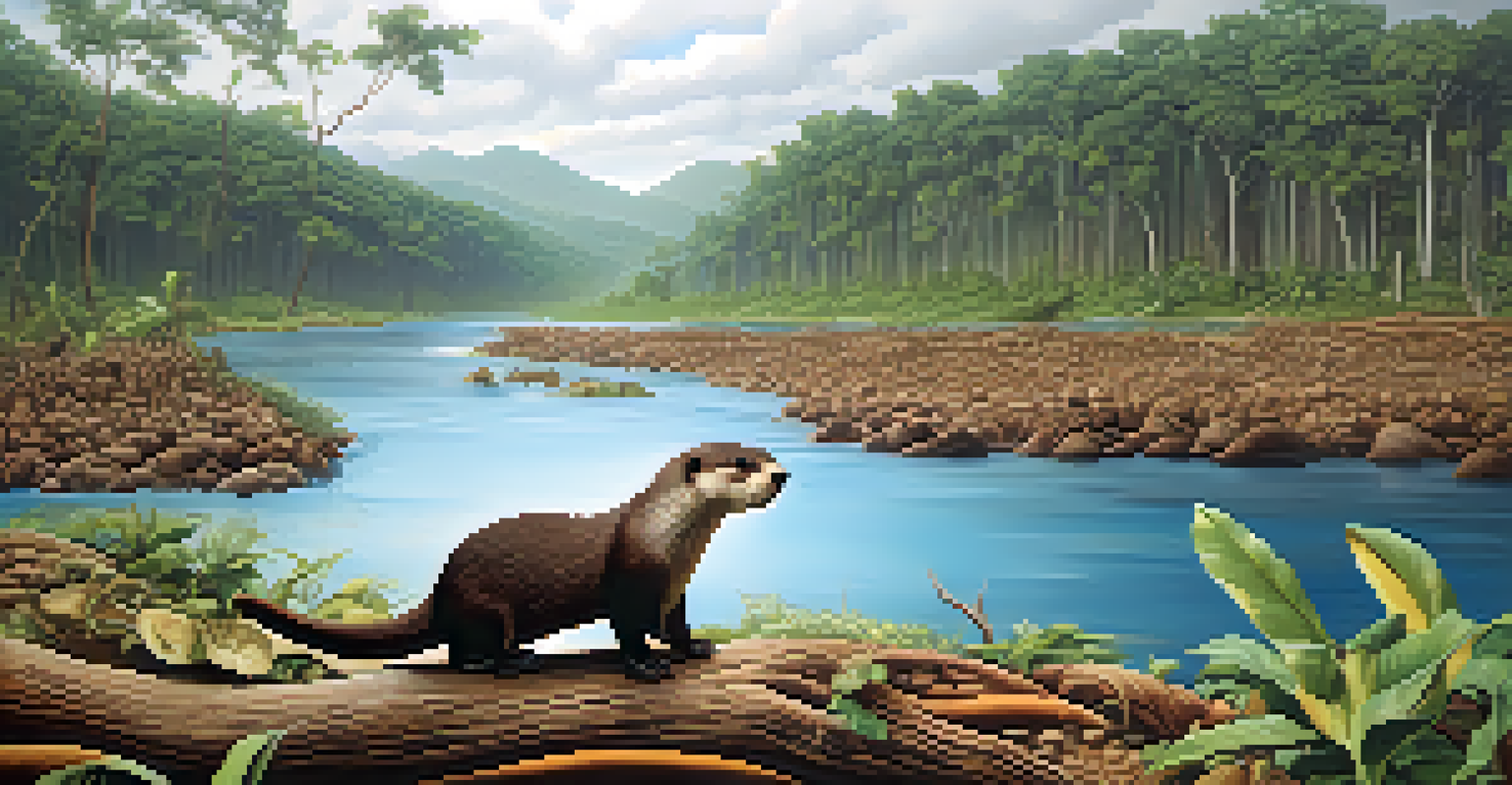 A powerful visual contrast between a thriving forest and a deforested area, featuring a giant river otter.