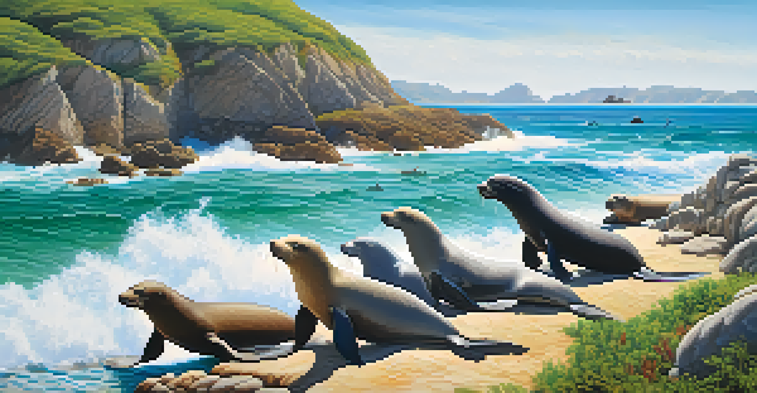 A coastal view of Peru with rocky shorelines, sandy beaches, sea lions, and dolphins in the water.