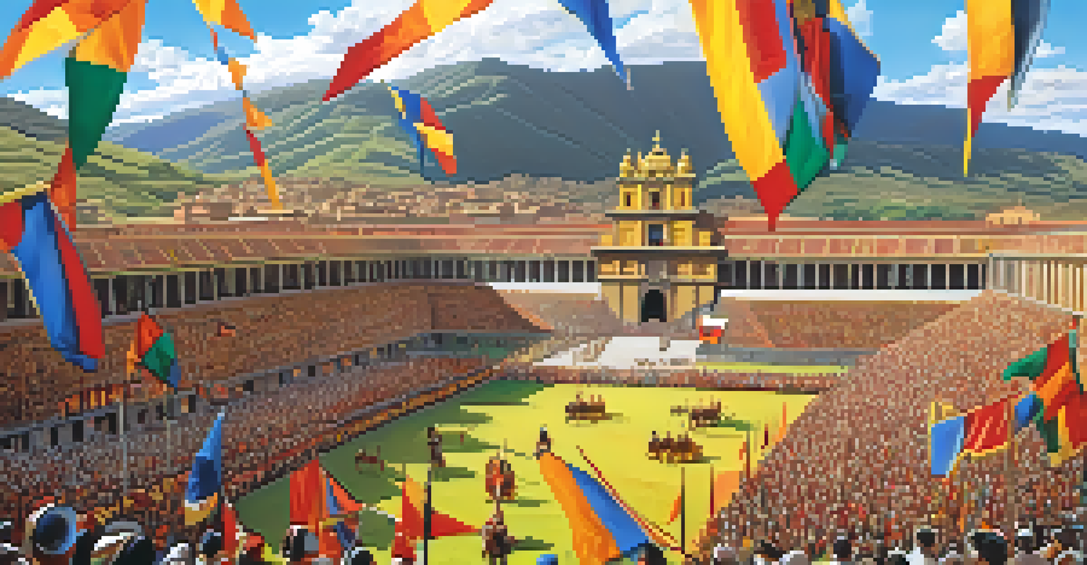 Performers in traditional Inca costumes participate in Inti Raymi, with ancient ruins in the background and a warm sunlight illuminating the scene.