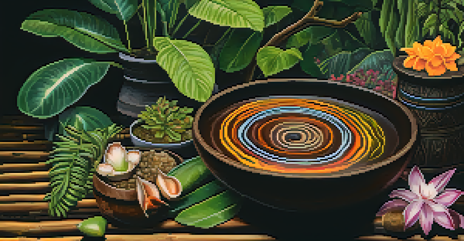 A close-up of a traditional Ayahuasca brew in a wooden bowl, surrounded by Amazonian plants and flowers.